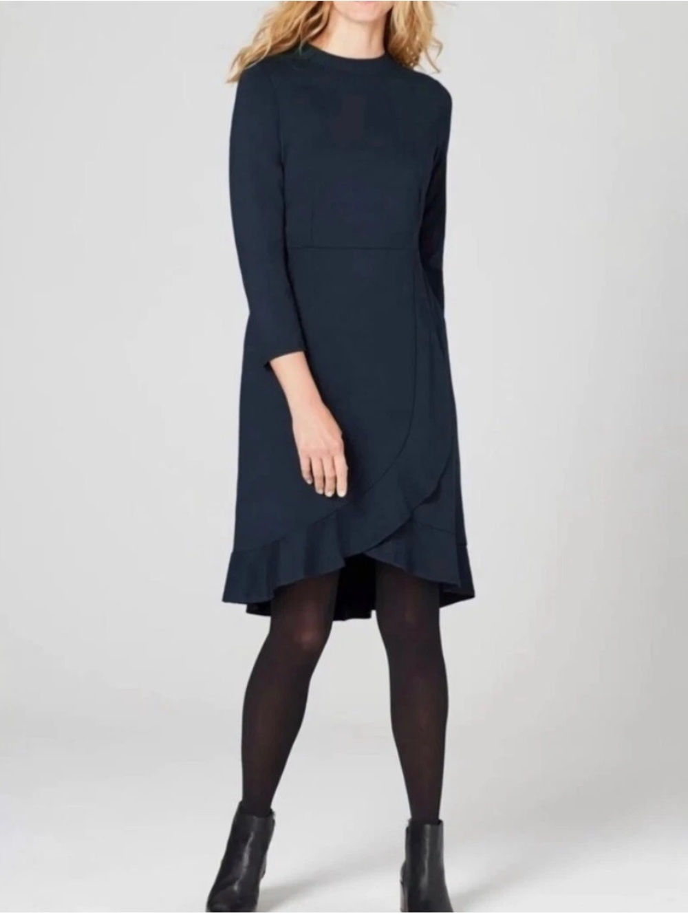 NWT J. Jill Ponte Knit Ruffled Faux Wrap Dress Navy Blue Size Medium Petite